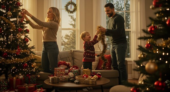 冬の午後の暖かな陽光が優しく差し込むリビングで家族が楽しそうに煌めくクリスマスツリーを飾り付け互いに笑顔を交わし合う心温まるホリデーのひととき. AI Generated