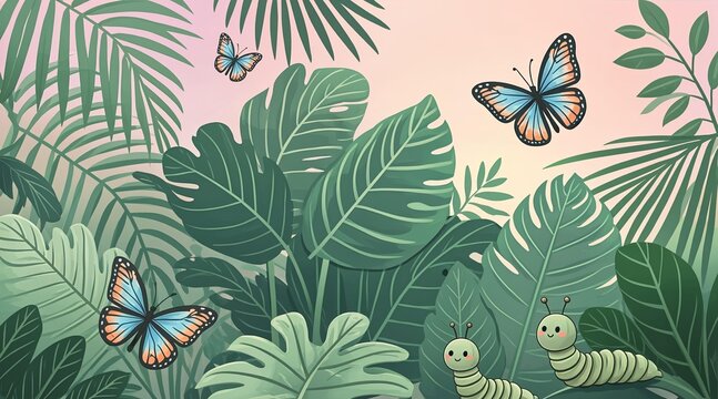 Butterflies fluttering among lush tropical foliage and smiling caterpillars