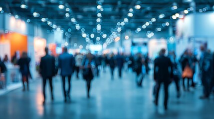 Fototapeta premium Blurred silhouettes of professional business people walking through a bright modern corporate exhibition trade show hall