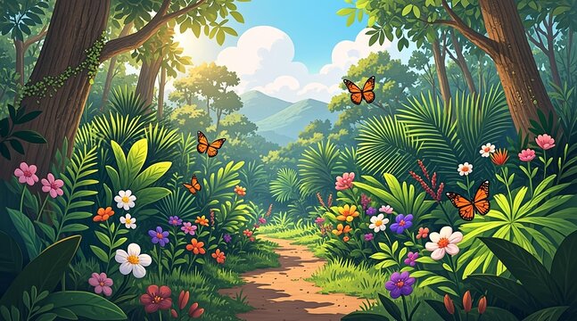 Enchanted forest path lined with vibrant flowers and butterflies