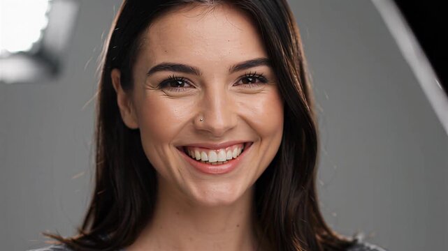 Portrait of a happy smiling young adult woman with a nose piercing standing against a clean grey studio background, ideal for youth fashion campaigns