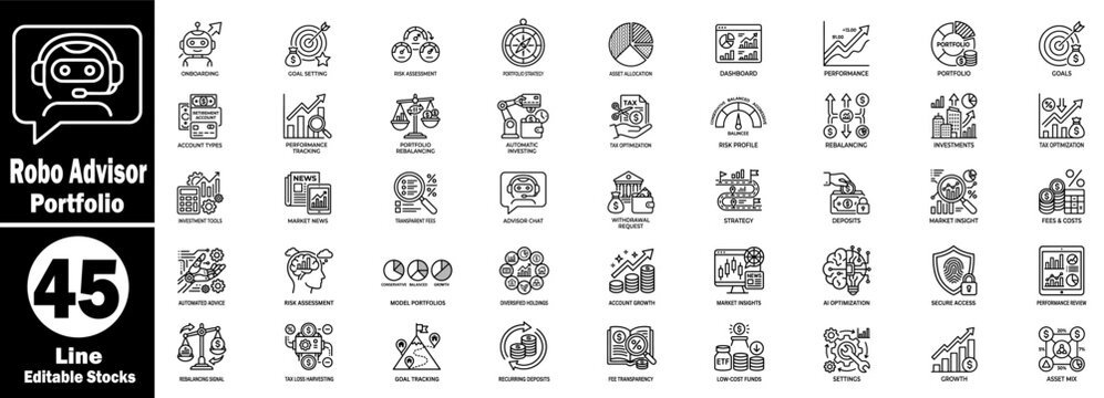 Robo-advisor portfolio line icons set against a white background.