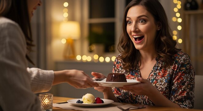 お祝いムードの温かい光が灯る室内で差し出された美味しそうなデザートに目を輝かせ満面の笑顔を見せる女性の心温まる瞬間. AI Generated