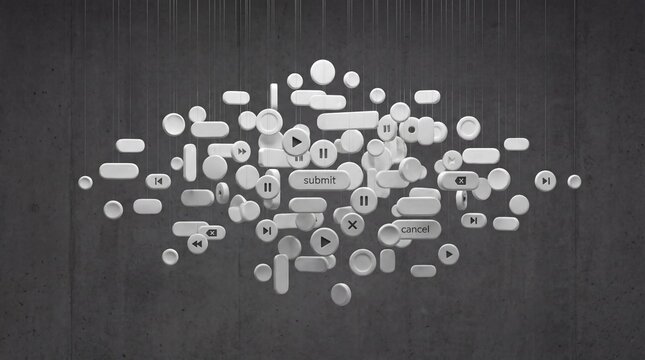 Digital Interface Elements Floating on Textured Gray Background