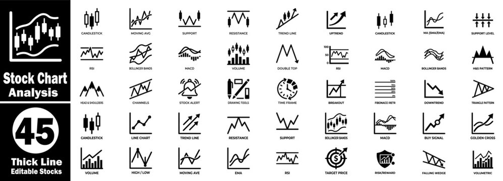 Stock chart analysis thick line icon set for market data visualization software vector illustration. 