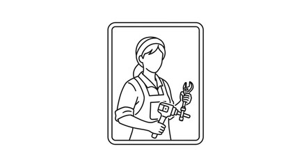 Fototapeta premium Female Mechanic Holding Tools: Drill and Wrench in Line Art Style