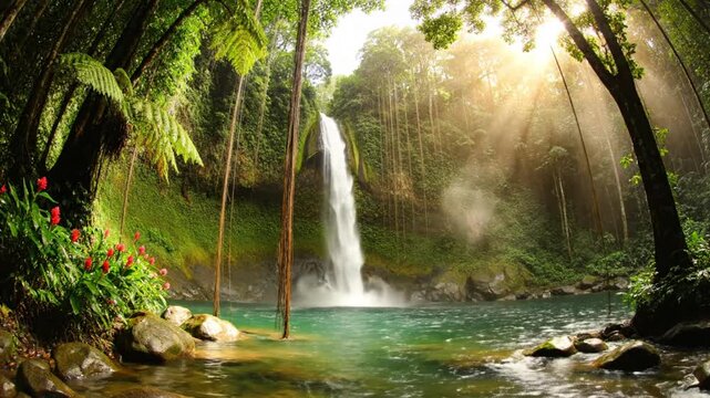 Lush tropical rainforest scene with a majestic waterfall cascading into a clear turquoise pool with sun rays beaming through the forest canopy