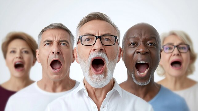 Five people react with shock and surprise. Their mouths are wide open, eyes wide. They stare upward, sharing the moment. Aged, diverse, and united in astonishment