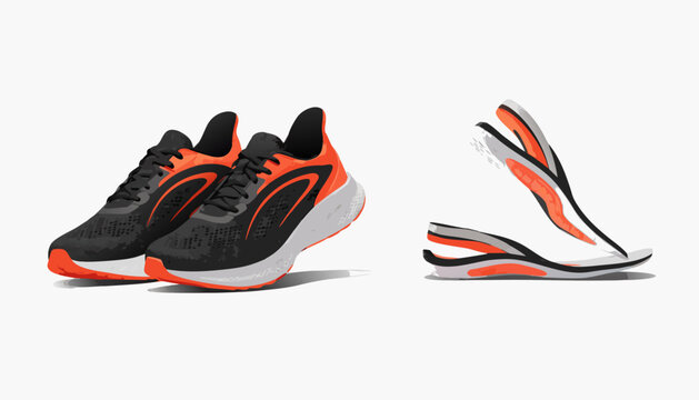 Running shoes with ergonomic insoles, sporty footwear and cushioned support technology in modern flat illustration style