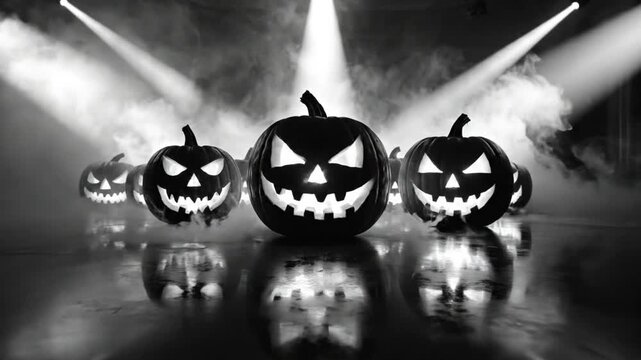 Spooky Halloween scene with glowing jack o' lanterns in smoke illuminated by dramatic stage lighting on a reflective surface