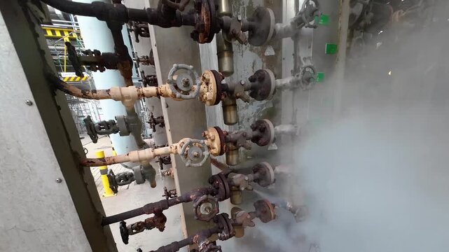 Industrial interior. Close-up of a lot of pipes, pressure gauge and a shut-off valves on the pipes in open air chemical plant. Jets of hot steam from valve. Production of thermal energy and hot water