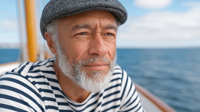Senior man gazes calmly over sea waters. Gray beard and cap frame gentle, reflective expression. Striped shirt adds casual charm to coastal scene. Perfect for travel, retirement