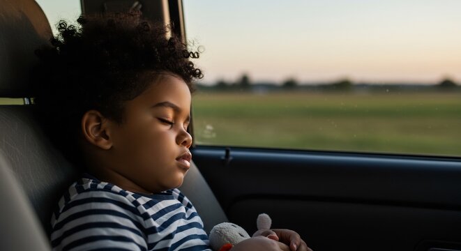 夕暮れの穏やかな光が車内に差し込む中チャイルドシートで深く安らかに眠る愛らしい子供 長い旅路の静寂と安堵を物語る美しい瞬間 窓の外には広がる田園風景