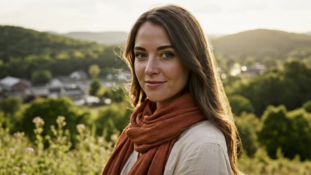 Beautiful Young Woman with Long Brown Hair Looking at the Camera on a Hillside with a Village in the Background