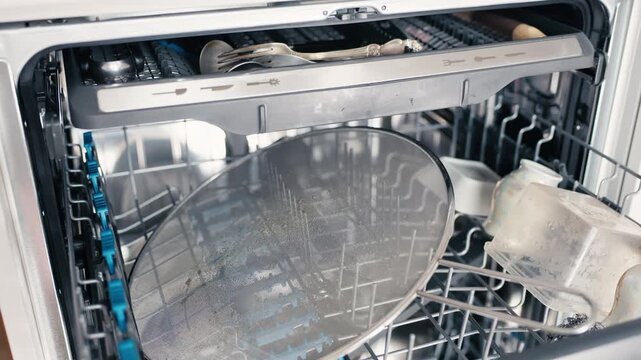 Highresolution image of spotless ceramic plates and glasses stored in dishwasher rack after cleaning
