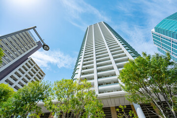 マンション　タワーマンション　新緑　青空