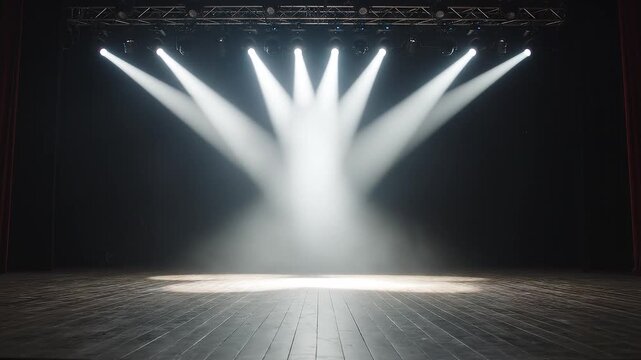 Empty performance stage with rustic wooden floorboards illuminated by moving white spotlights and smoke effects.