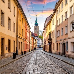 Fototapeta premium A serene cobblestone street lined with colorful buildings and a distant tower