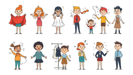 Fototapeta premium Emotion Characters Set: A collection of diverse cartoon characters expressing various human emotions, from joy and excitement to anger and sadness.