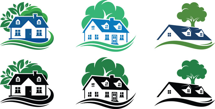 Real estate logos house and tree symbol collection for property businesses