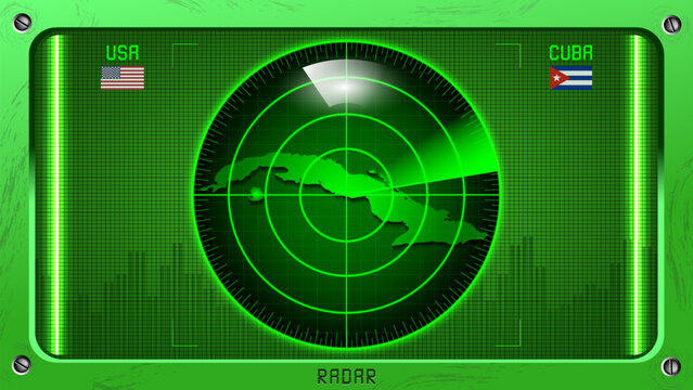 Vector green panel with round radar and map of Republic of Cuba. Military device with bright screen and glare. Flag of United States of America. Combat computer gadget