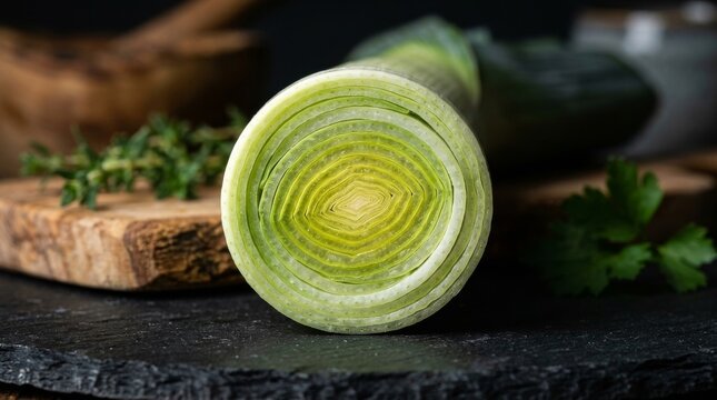 Cross-section of a fresh leek with herbs on a dark surface