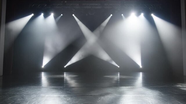 Empty performance stage with rustic wooden floorboards illuminated by moving white spotlights and smoke effects.