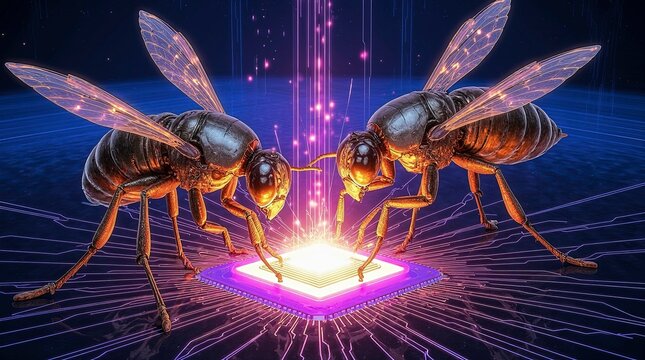 Digital art of two robotic insects resembling bees working on a glowing microchip, having metallic bodies with mechanical wings illuminated by small embedded lights.