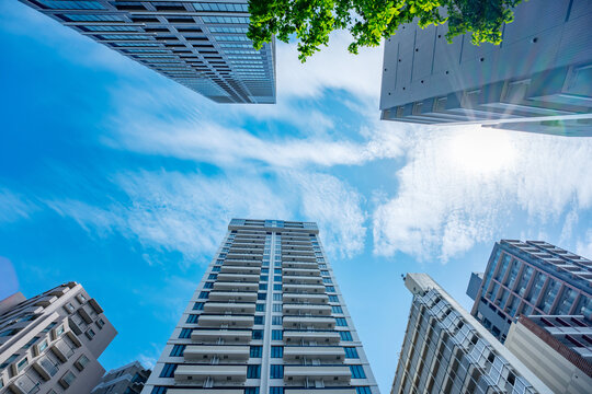 マンション　タワーマンション　新緑　青空
