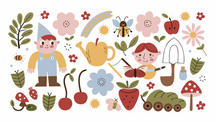 charming hand drawn illustration of garden characters flowers and insects on a white background high quality professional detailed © PRODIP