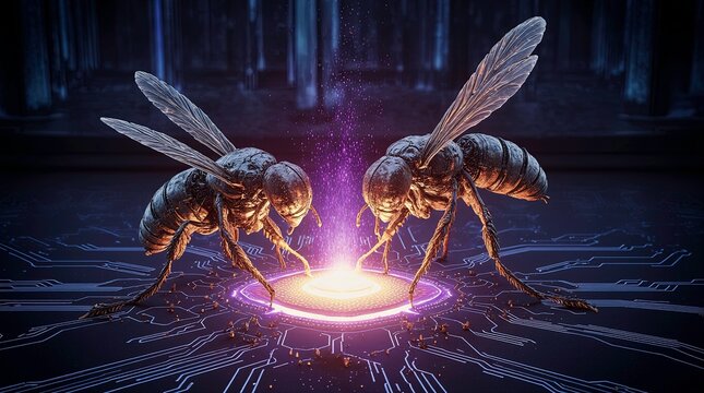 Digital art of two robotic insects resembling bees working on a glowing microchip, having metallic bodies with mechanical wings illuminated by small embedded lights.