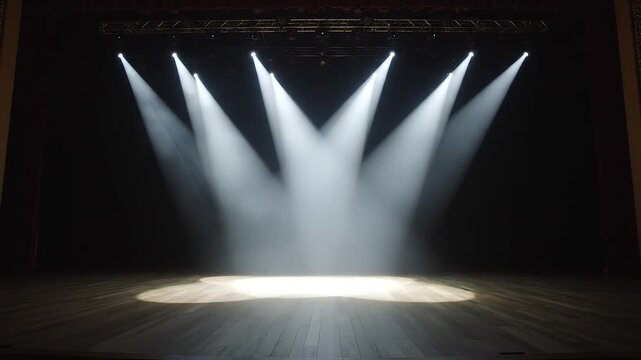 Empty performance stage with rustic wooden floorboards illuminated by moving white spotlights and smoke effects.