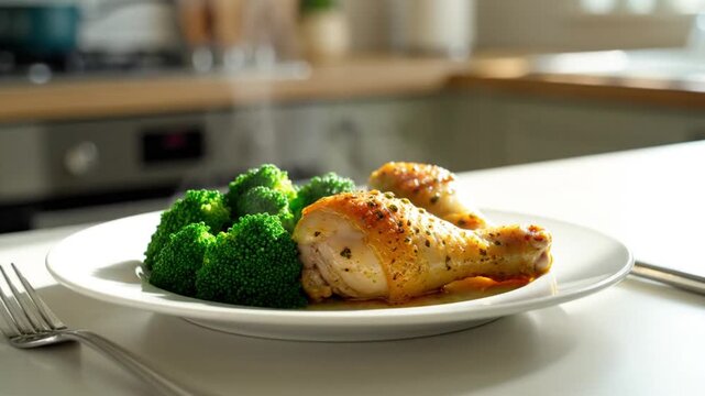 Delicious and healthy cooked chicken drumsticks and broccoli florets steaming on white plate in kitchen