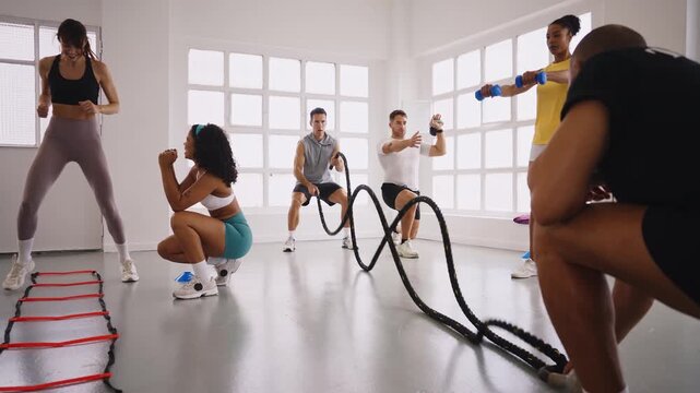 Multiethnic group of sportive people doing functional workout at the gym, concepts about sport and fitness - Athletes training for strenght and cardio