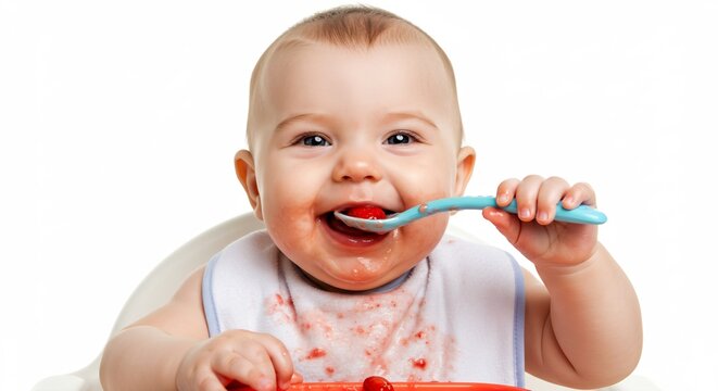 満面の笑みを浮かべスプーンで食事をする赤ちゃん 白い背景がその純粋な喜びと輝く瞳を際立たせる. AI Generated