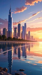Fototapeta premium Towering skyscrapers reflect in calm water at sunset, a vibrant city skyline