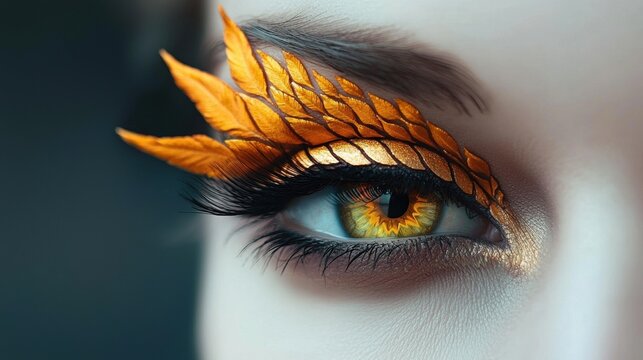 eye makeup animal Close up of eye makeup resembling a butterfly wing, with intricate patterns and vivid, nature inspired colors.