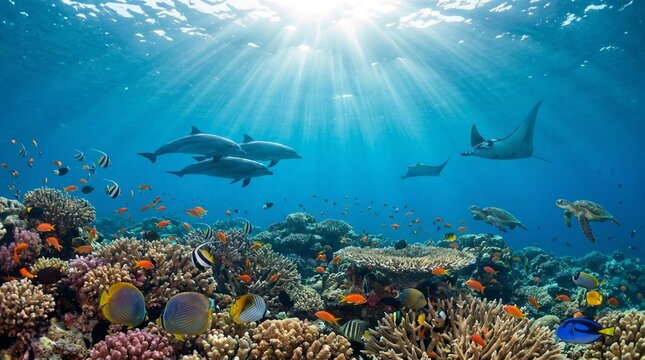 Vibrant underwater scene with dolphins and colorful coral reef