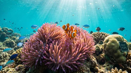Fototapete Unterwasserwelt Colorful coral reef with clownfish under sunlit ocean waters  © Suparjo