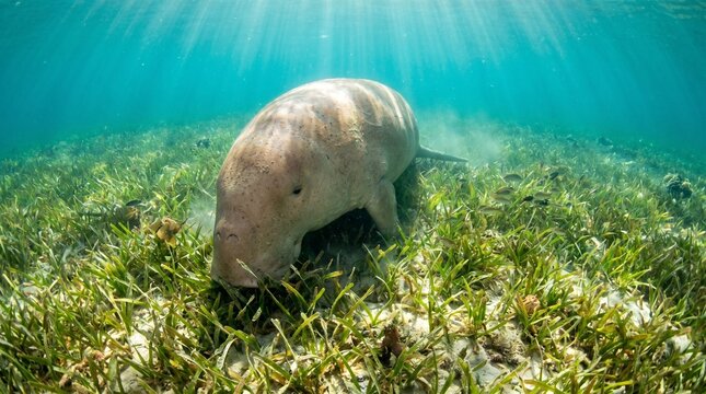 Dugong grazing on seagrass in clear turquoise ocean waters
