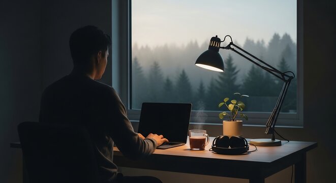 霧深い森を望む窓辺で温かい飲み物とデスクランプの柔らかな光と共にノートPCで集中作業する人. AI Generated