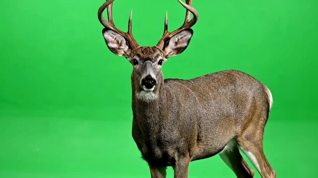 Majestic White-Tailed Deer Buck with Large Antlers Standing in Front of Green Screen for Compositing