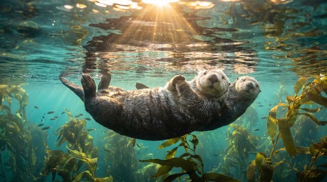 Sea otter swimming underwater amidst vibrant kelp forest