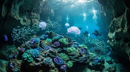 Underwater cave with colorful coral and divers exploring marine life © Suparjo