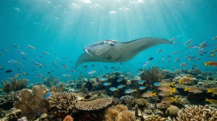Fototapete Unterwasserwelt Majestic manta ray gliding over vibrant coral reef in sunlight  © Suparjo