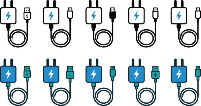 Mobile Phone Charger and USB Cable Icon Set with Power Adapters, Type-C, Micro USB, and Lightning Connectors for Electronic Device Power and Battery Charging Designs