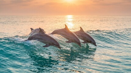 Three dolphins jumping in ocean waves at sunset © Suparjo
