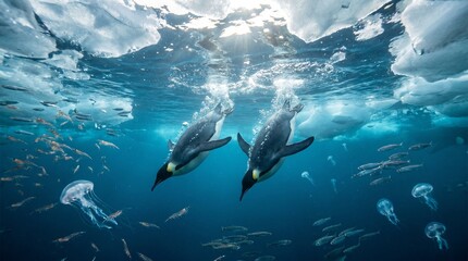 Emperor penguins swimming underwater in icy Antarctic ocean © Suparjo