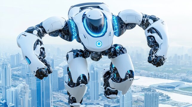 Powerful white bipedal automaton hovers high above a sprawling modern metropolis