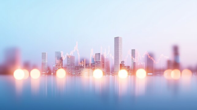 financial double exposure City skyline and a stock market graph merged in a double exposure, symbolizing the relationship between finance and growth.